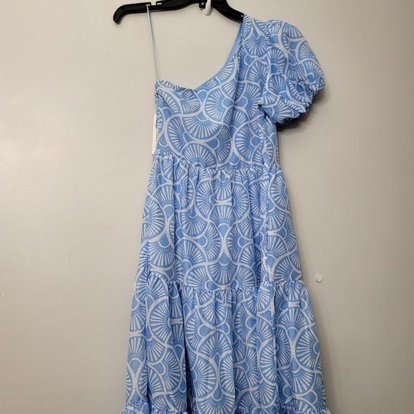 J.Marie Leilani One Shoulder Short Puffed Sleeve Tiered Midi Dress - Picture 3 of 6